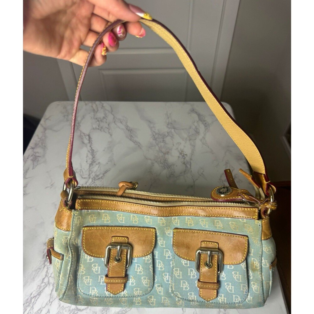 Dooney & Bourke Blue/Tan Logo Shoulder Bag Zip Top Silver Hardware Lined Charm